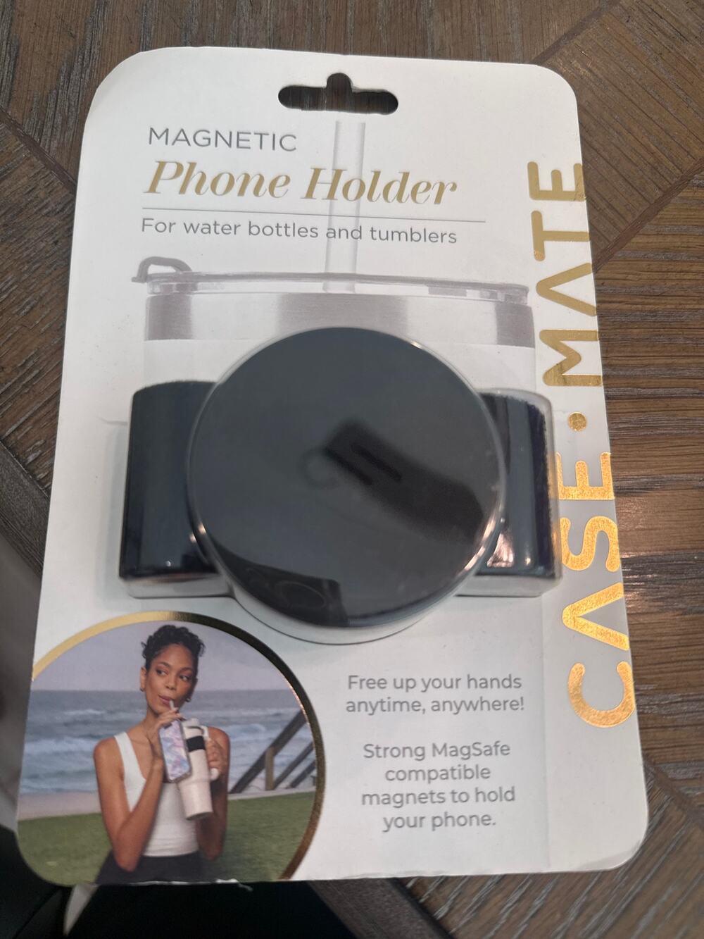 Magnetic phone holder for water bottles, and tumblers